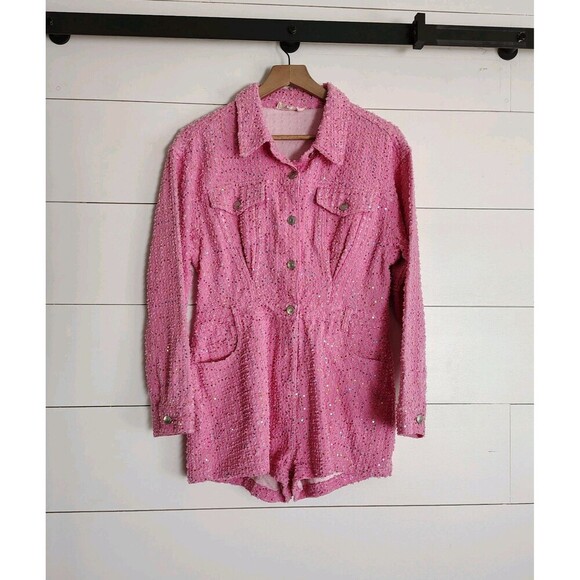 Pink Concert Utility Romper Jumpsuit Barbiecore Festival Sequins Swiftie Small - Picture 1 of 9